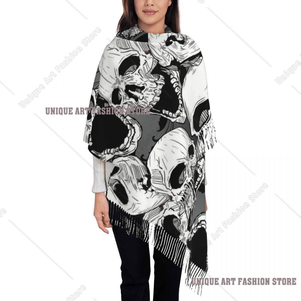 Pashmina Wrap Large - Lenço feminino com borla, caveira da